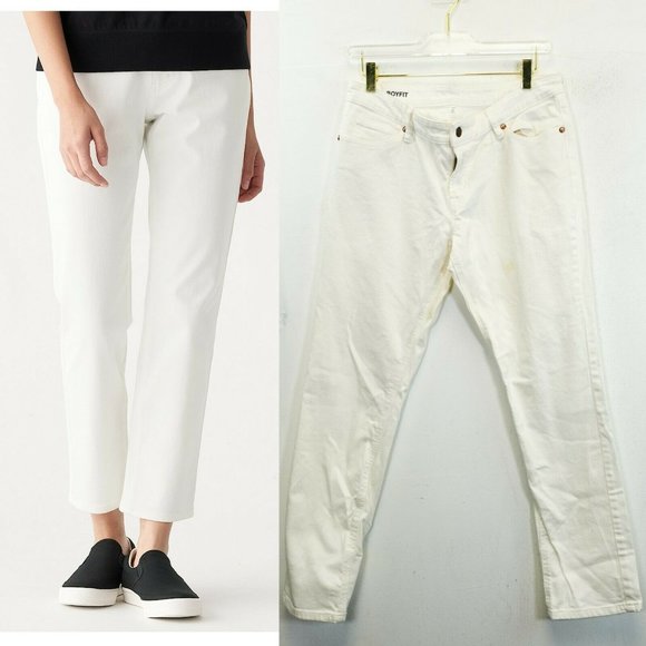 MUJI Women's White Washed Straight Cut Denim Jeans Boyfit 27 Low Rise Relaxed - Picture 1 of 13